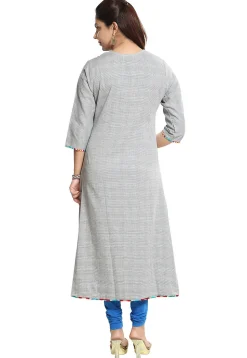 Check Printed Cotton Asymmetric Kurta in Light Grey