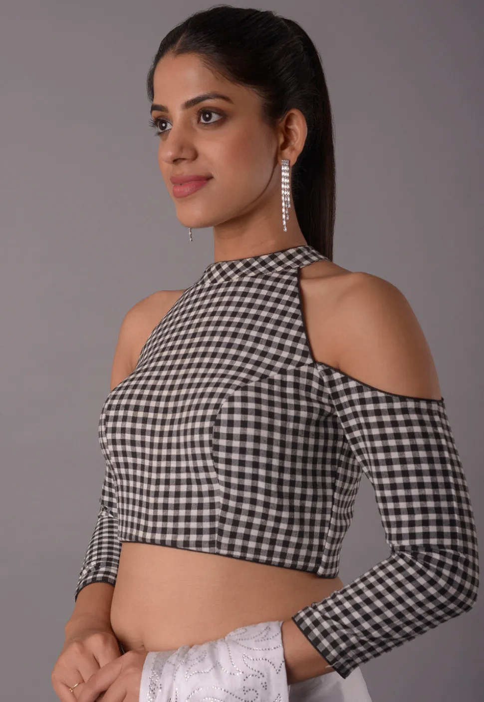 Check Printed Cotton Blouse in Black and White