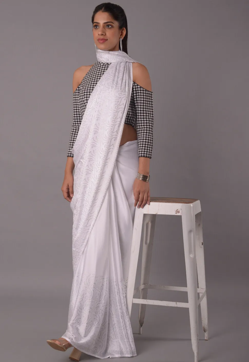 Check Printed Cotton Blouse in Black and White