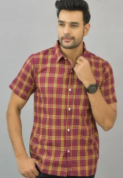 Check Printed Cotton Flex Shirt in Red