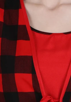Check Printed Cotton Jacket Style Kurta in Red and Black