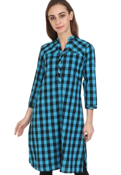 Check Printed Cotton Kurta in Blue and Black