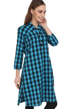 Check Printed Cotton Kurta in Blue and Black