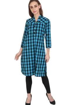 Check Printed Cotton Kurta in Blue and Black
