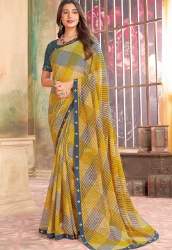 Check Printed Georgette Saree in Yellow