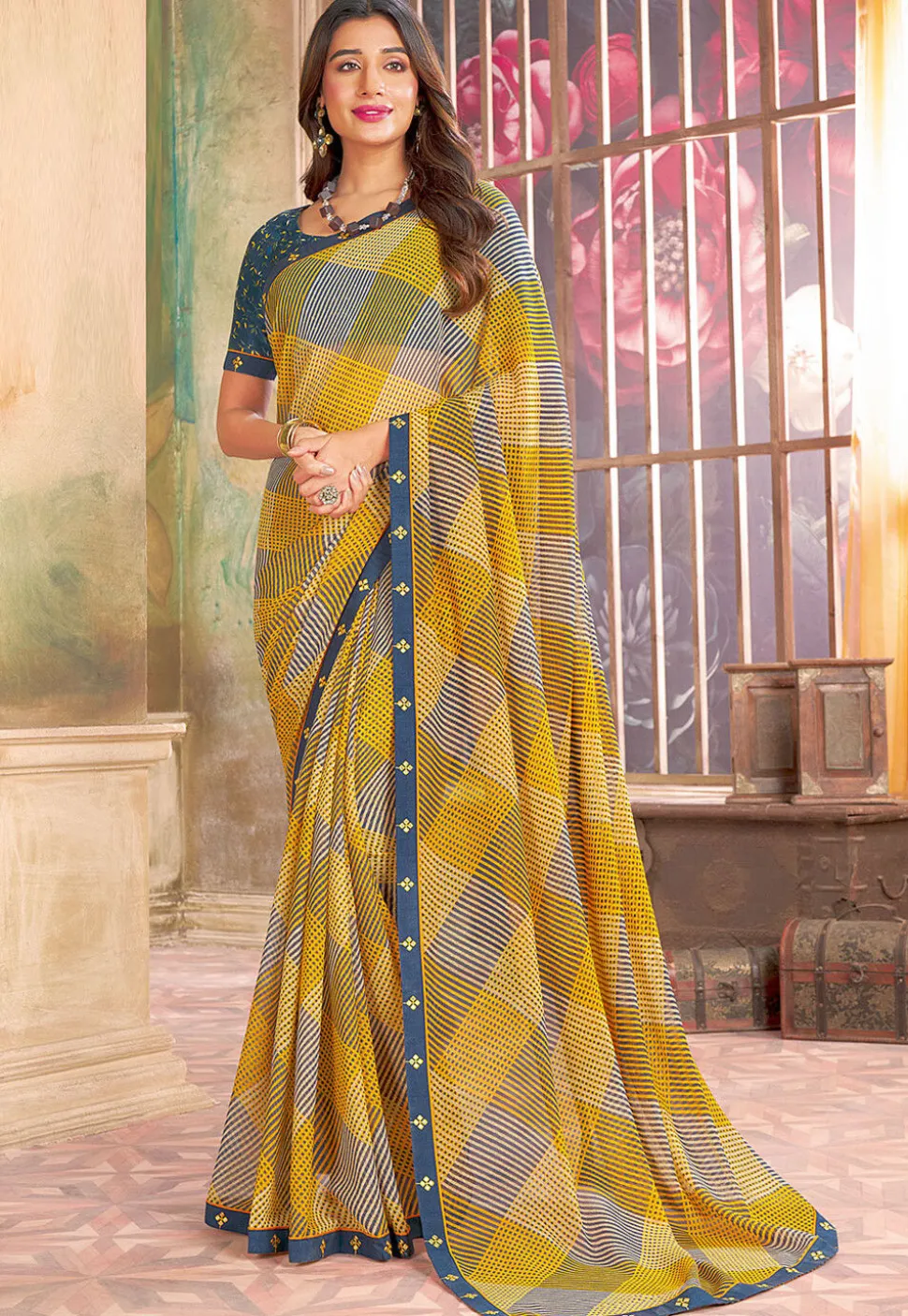 Check Printed Georgette Saree in Yellow