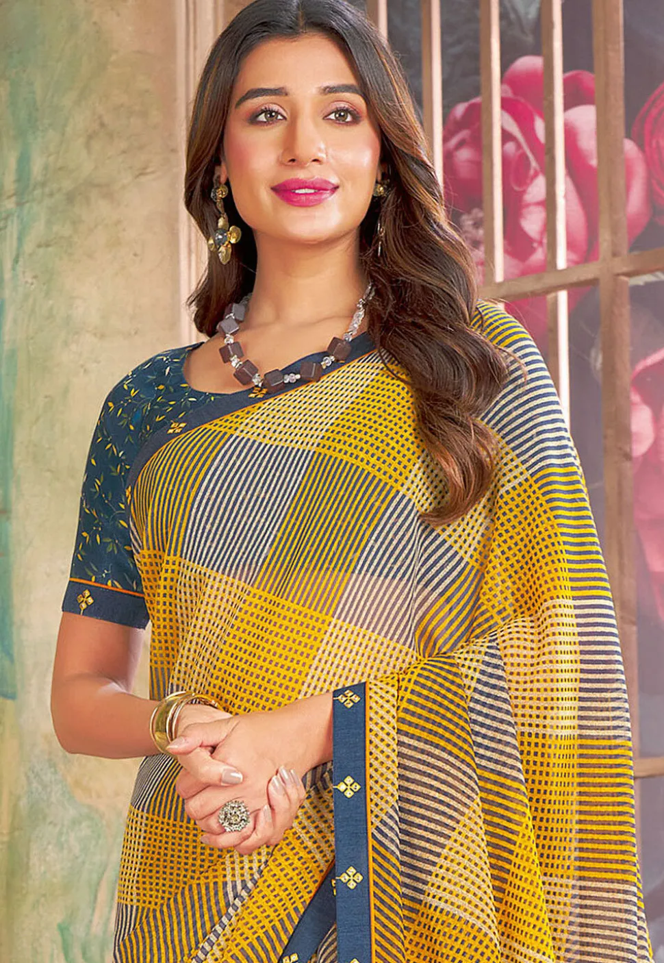 Check Printed Georgette Saree in Yellow