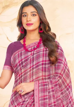 Check Printed Georgette Saree in Purple