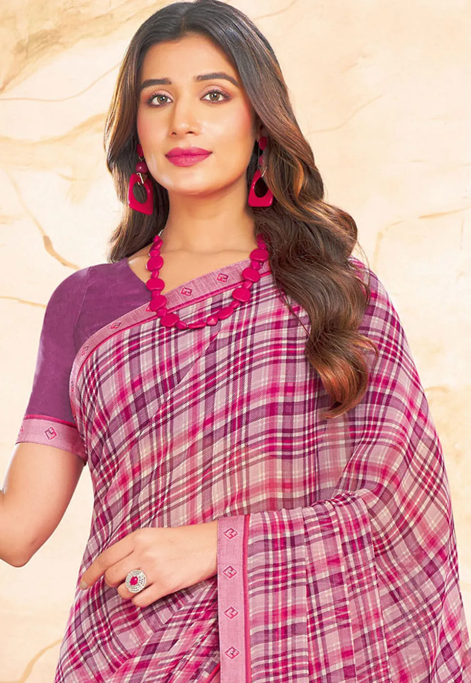 Check Printed Georgette Saree in Purple