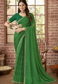Check Printed Georgette Saree in Green