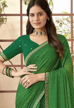 Check Printed Georgette Saree in Green