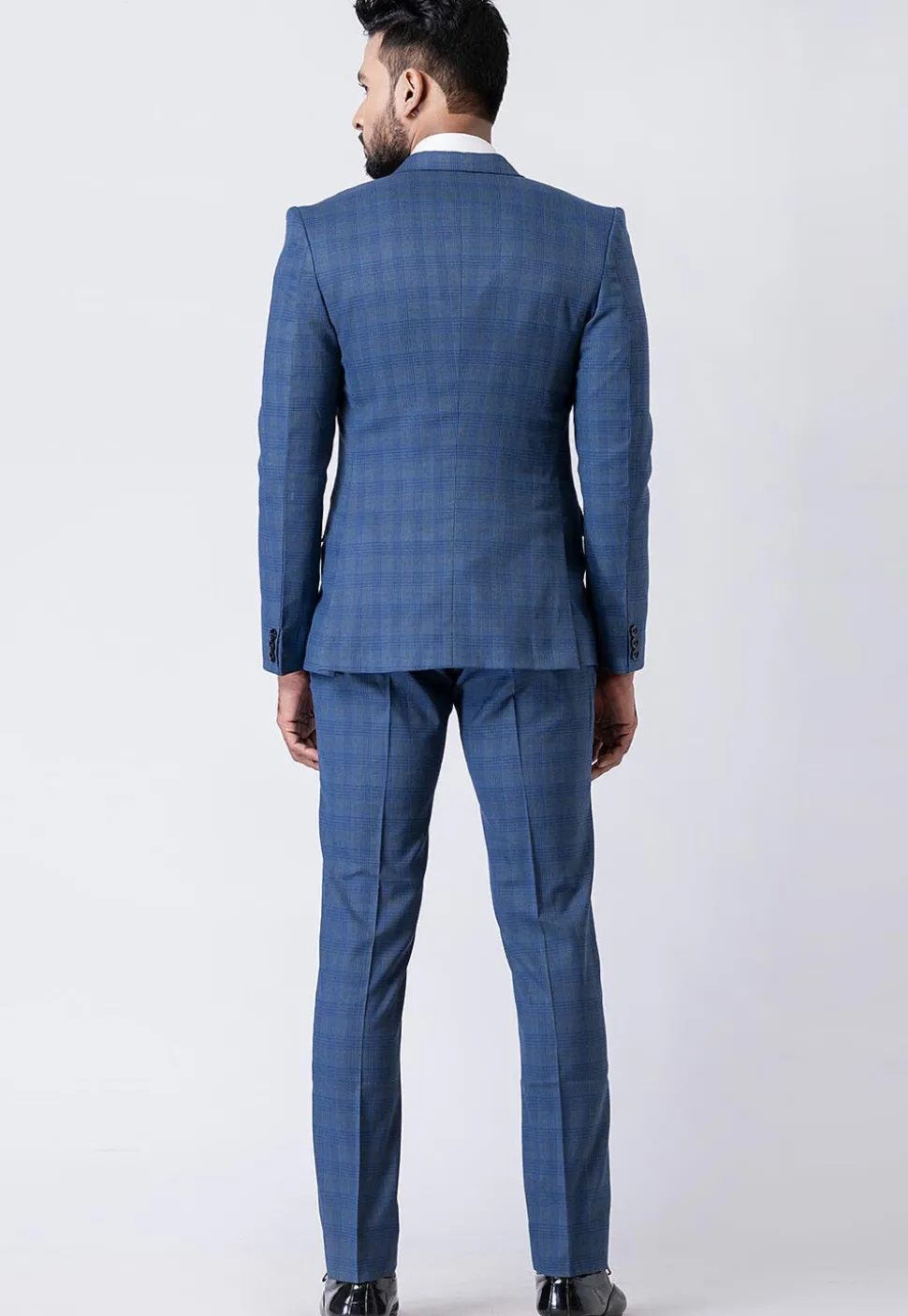 Check Printed Polyester Blazer in Blue