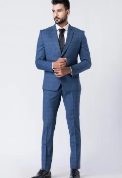 Check Printed Polyester Blazer in Blue