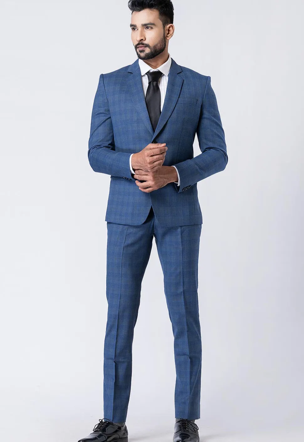 Check Printed Polyester Blazer in Blue