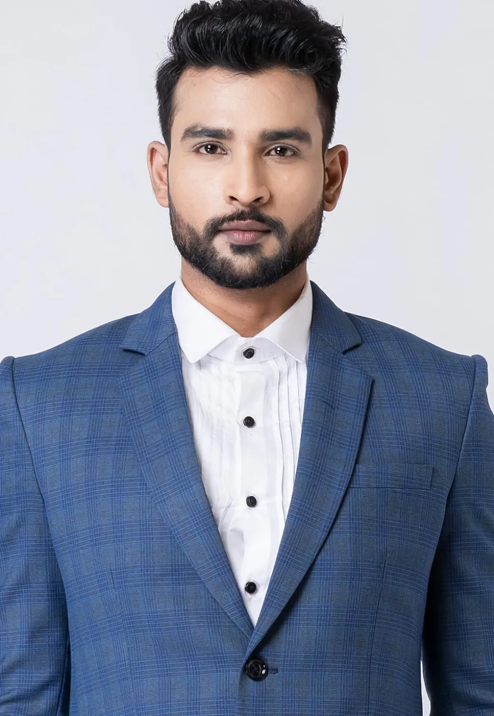 Check Printed Polyester Blazer in Blue