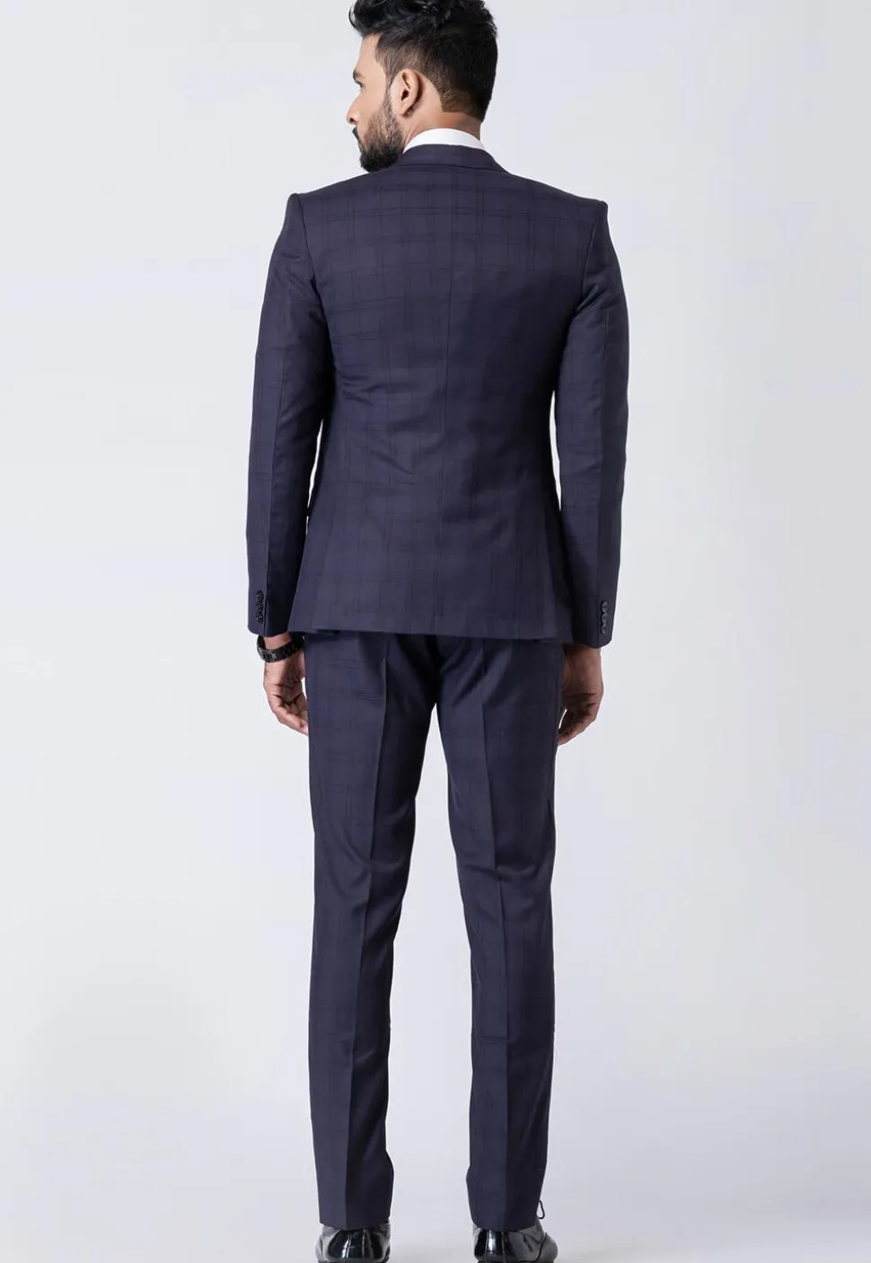 Check Printed Polyester Blazer in Navy Blue
