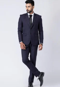 Check Printed Polyester Blazer in Navy Blue