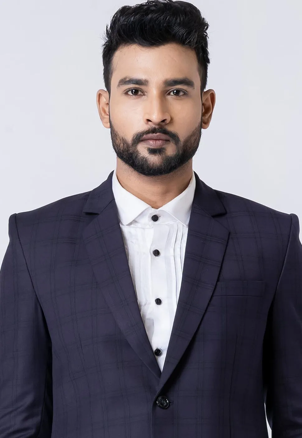 Check Printed Polyester Blazer in Navy Blue