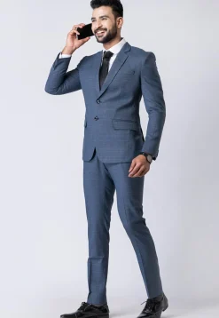 Check Printed Polyester Jacquard Blazer in Dusty Blue