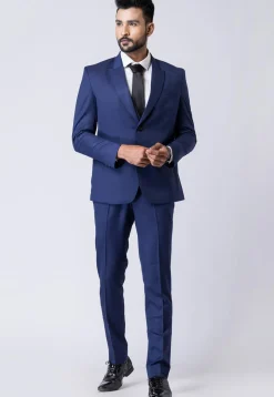 Check Printed Polyester Jacquard Blazer in Navy Blue