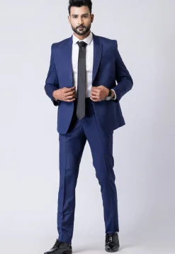 Check Printed Polyester Jacquard Blazer in Navy Blue