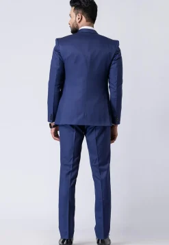 Check Printed Polyester Jacquard Blazer in Navy Blue