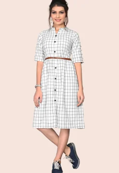 Checkered Cotton Dress in Off White