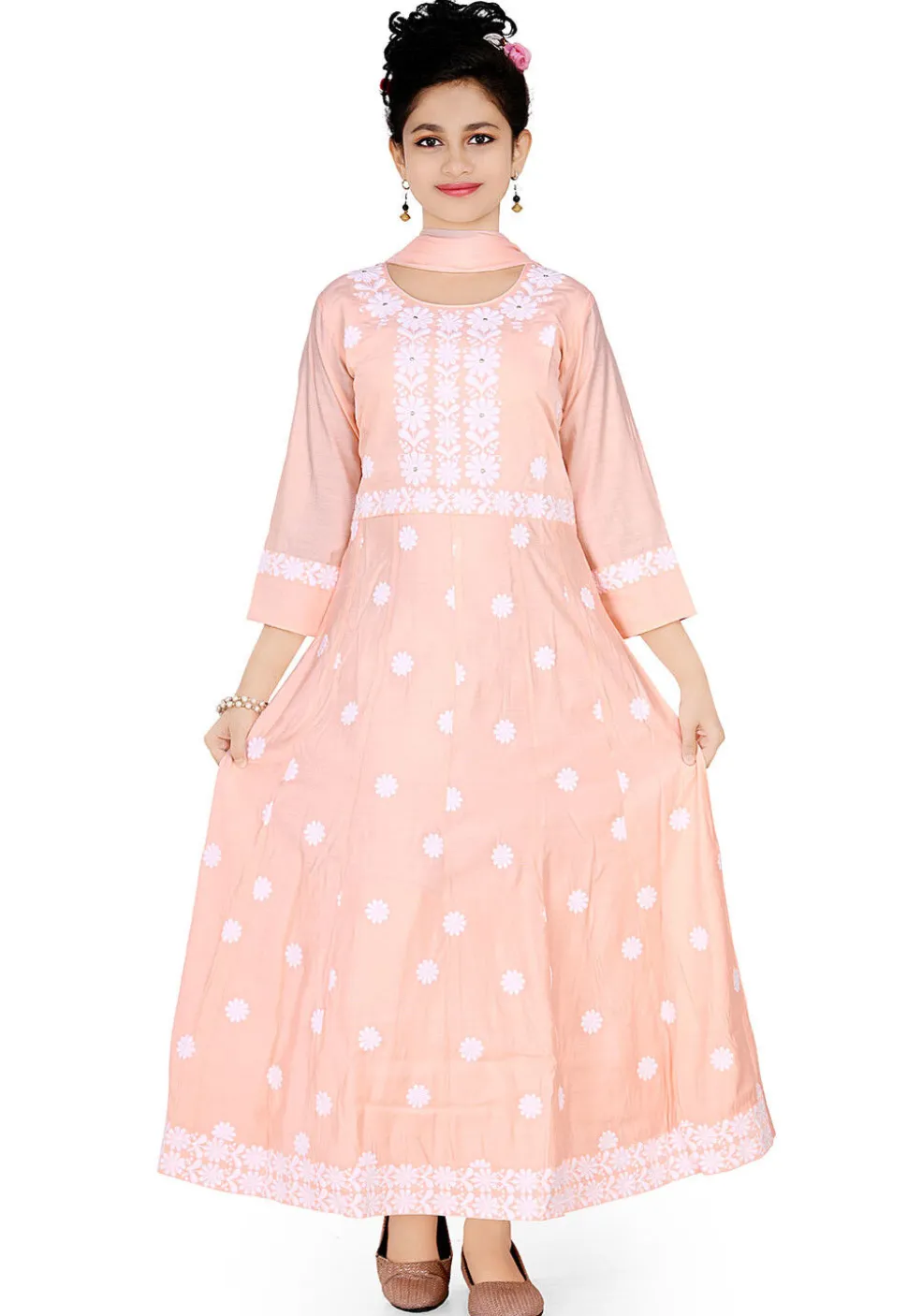 Chikankari Art Silk Gown in Peach