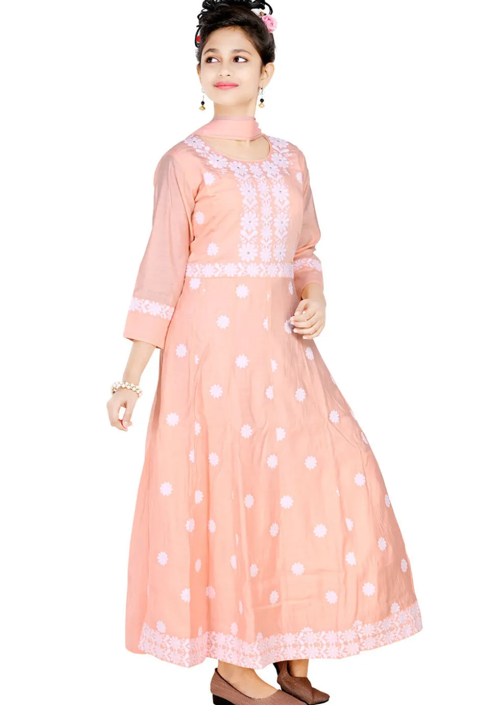 Chikankari Art Silk Gown in Peach