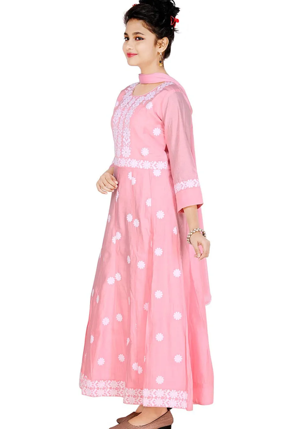 Chikankari Art Silk Gown in Pink