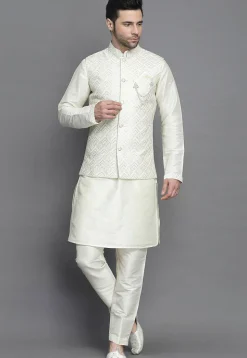 Chikankari Art Silk Kurta Jacket Set in Off White
