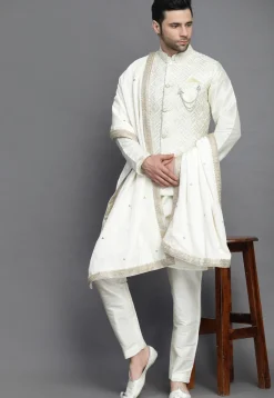 Chikankari Art Silk Kurta Jacket Set in Off White
