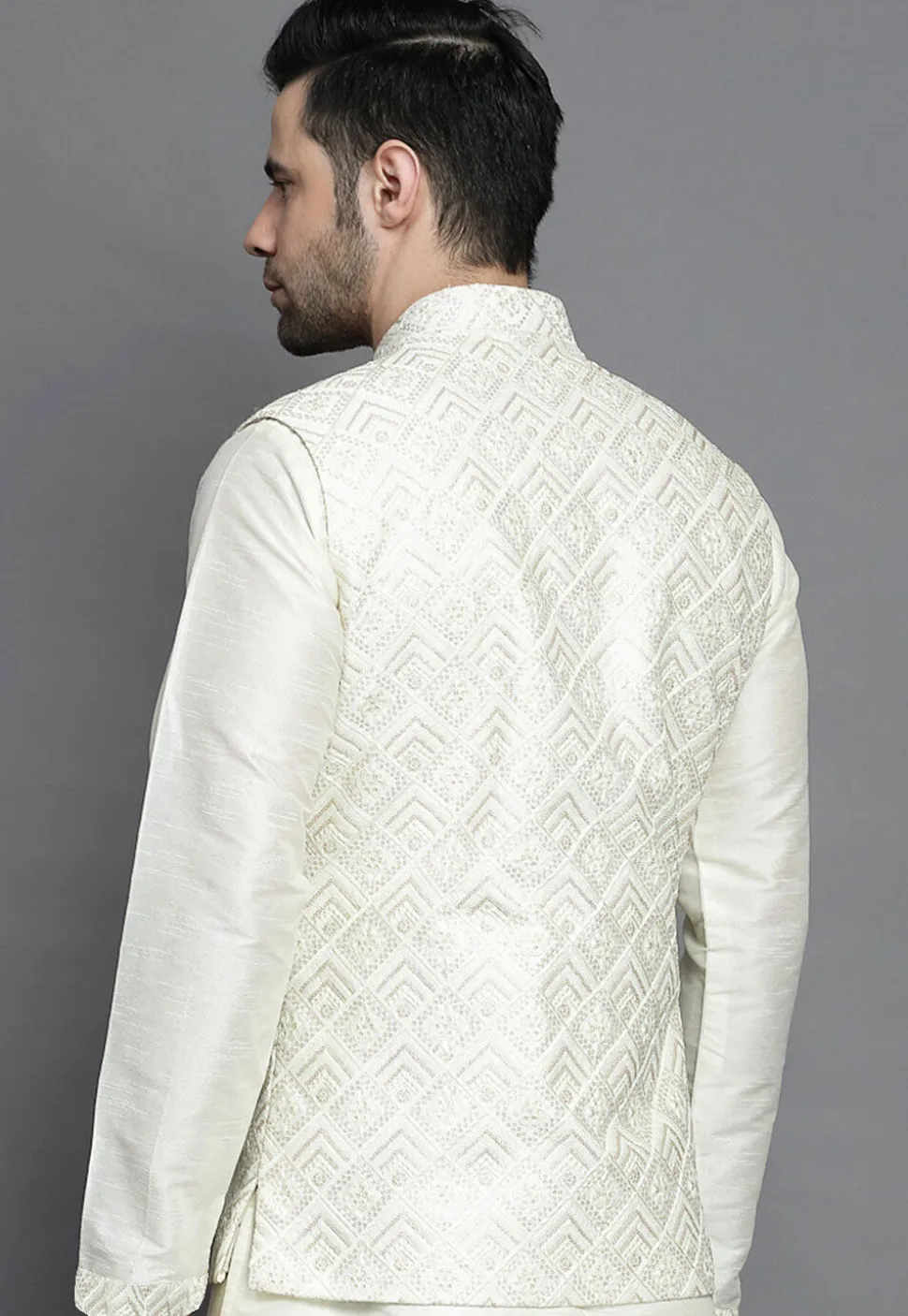 Chikankari Art Silk Kurta Jacket Set in Off White