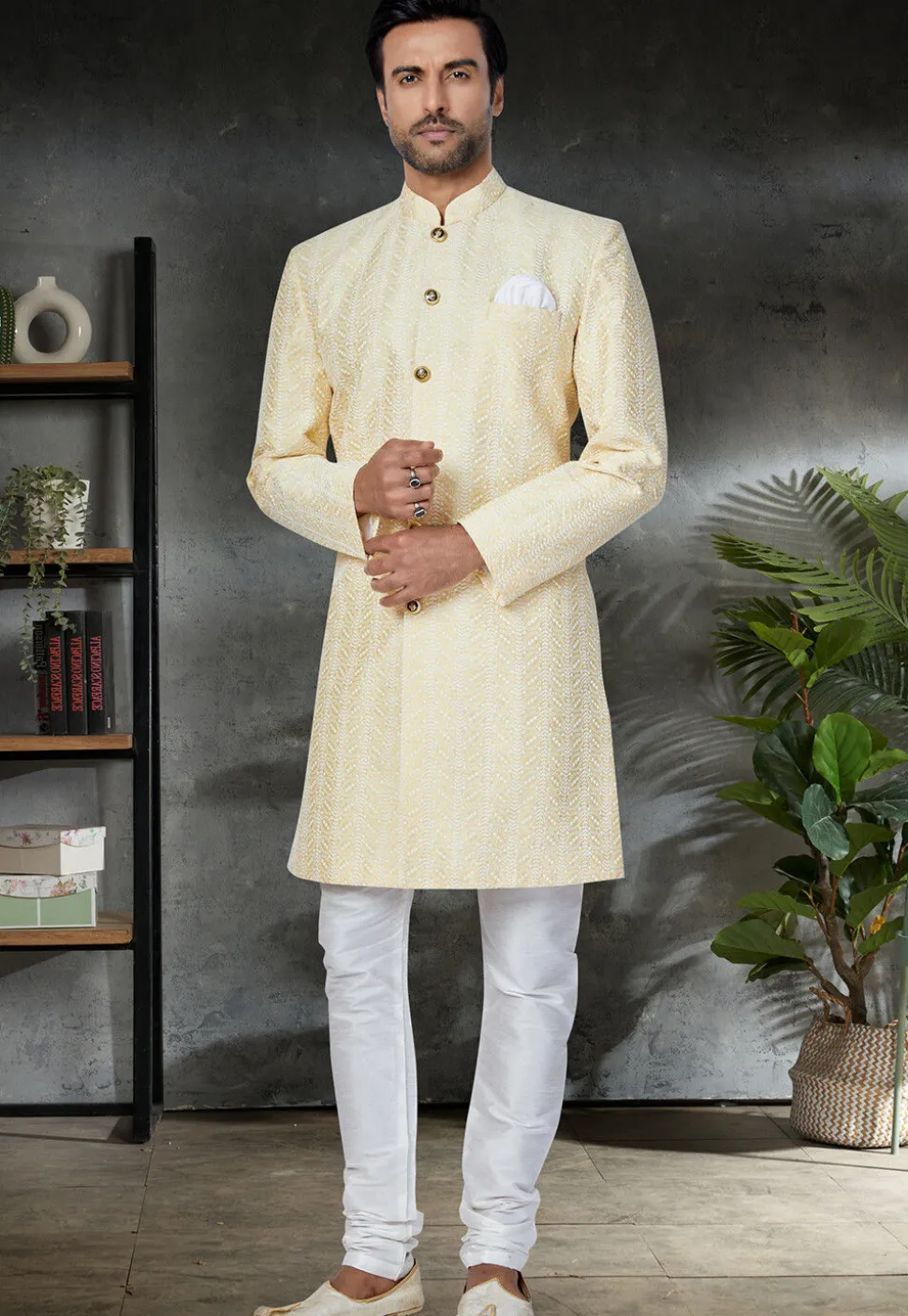 Chikankari Art Silk Sherwani in Beige