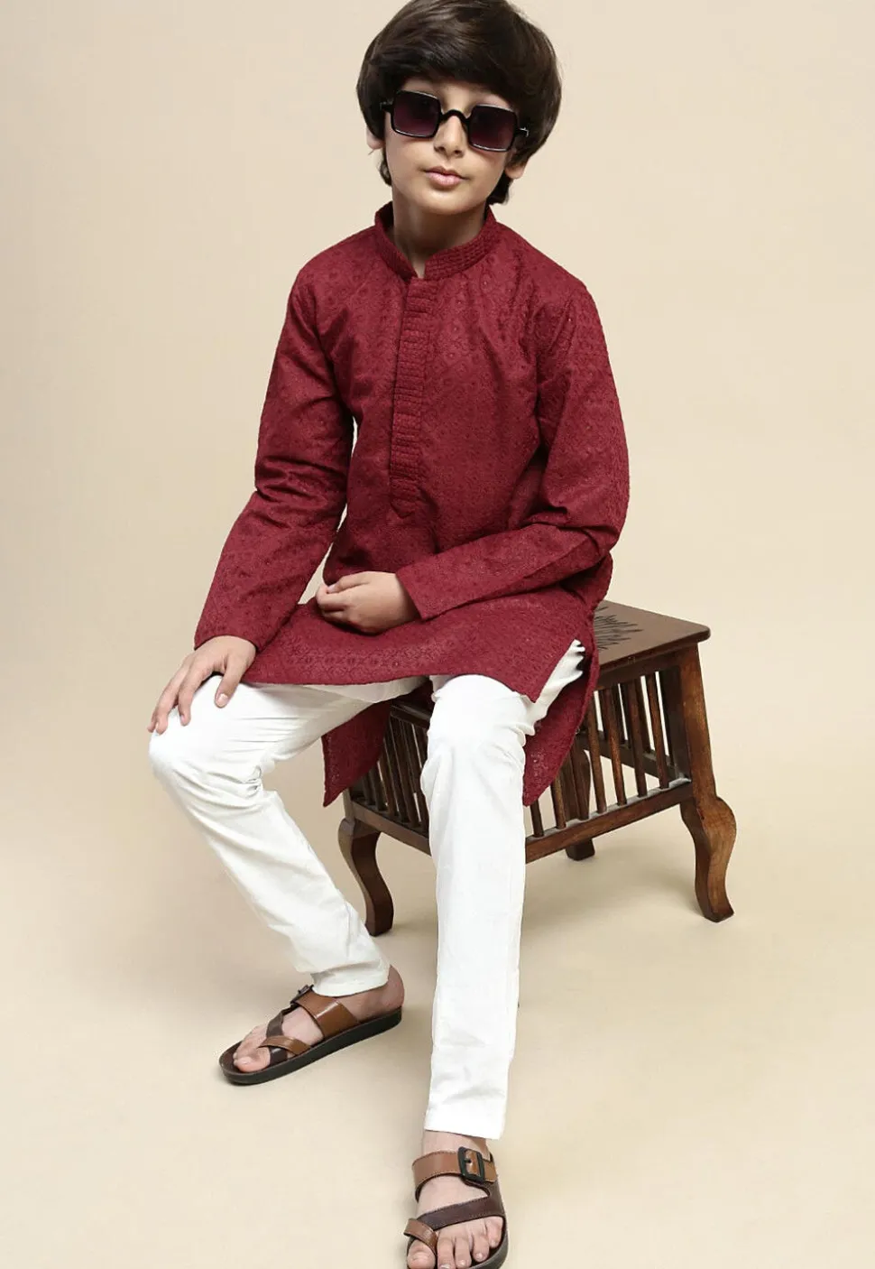 Chikankari Cotton Kurta in Maroon