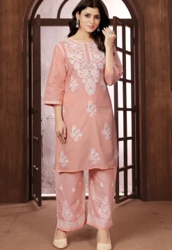 Chikankari Cotton Straight Kurta Set in Peach