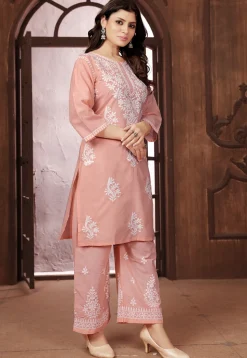 Chikankari Cotton Straight Kurta Set in Peach