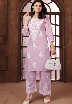 Chikankari Cotton Straight Kurta Set in Purple