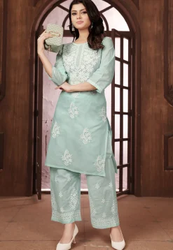 Chikankari Cotton Straight Kurta Set in Sea Green