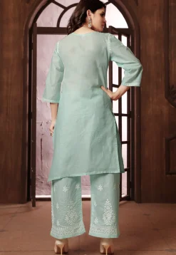 Chikankari Cotton Straight Kurta Set in Sea Green