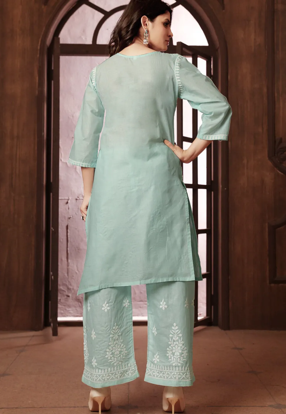 Chikankari Cotton Straight Kurta Set in Sea Green