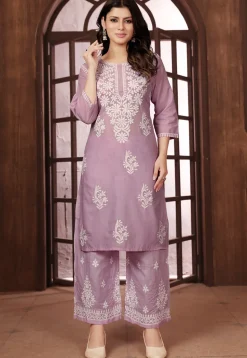 Chikankari Cotton Straight Kurta Set in Purple