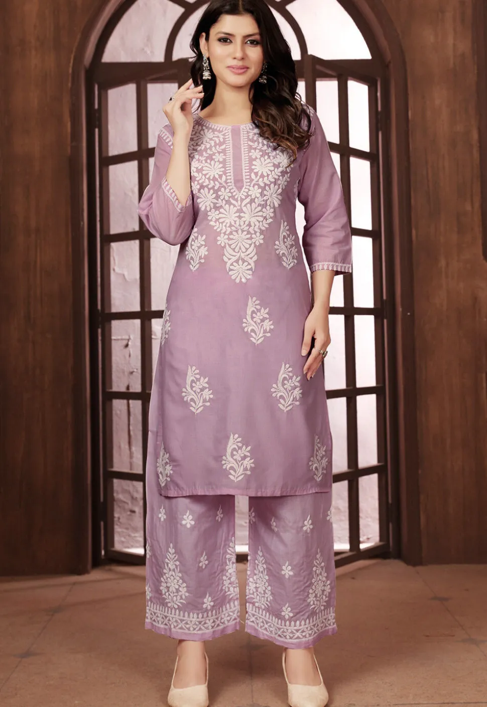 Chikankari Cotton Straight Kurta Set in Purple