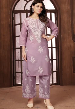 Chikankari Cotton Straight Kurta Set in Purple