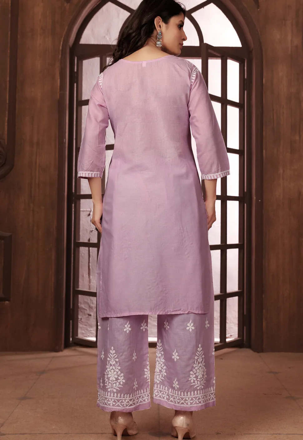 Chikankari Cotton Straight Kurta Set in Purple