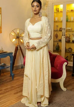 Chikankari Crepe Crop Top Set in Cream