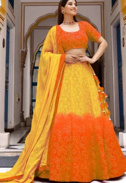 Chikankari Georgette Lehenga in Yellow and Orange