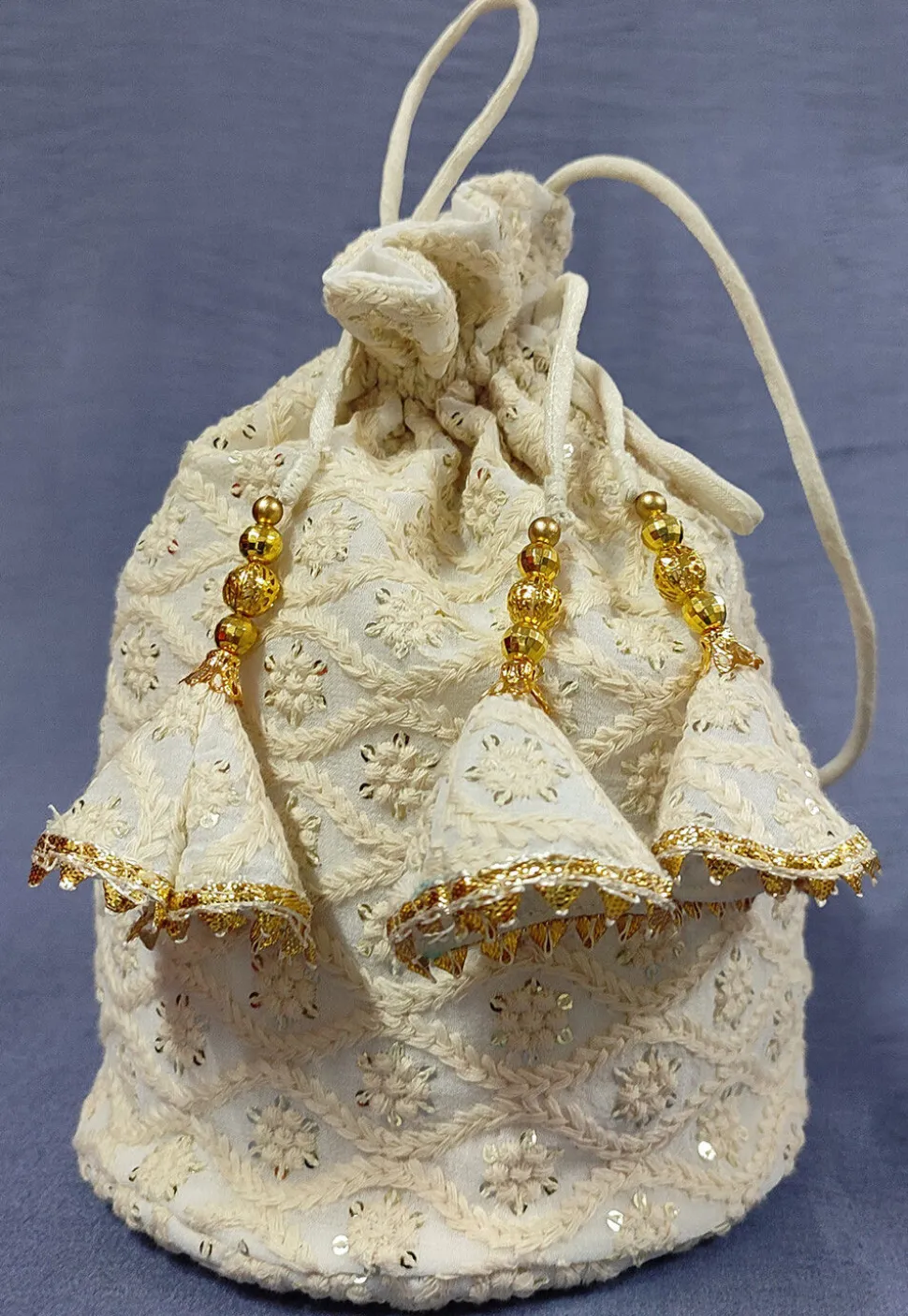 Chikankari Georgette Potli Bag in Off White