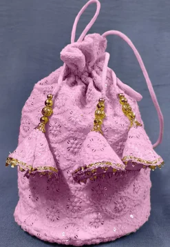 Chikankari Georgette Potli Bag in Light Pink