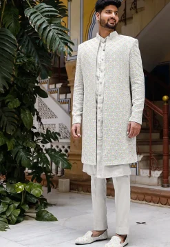 Chikankari Georgette Sherwani in Off White